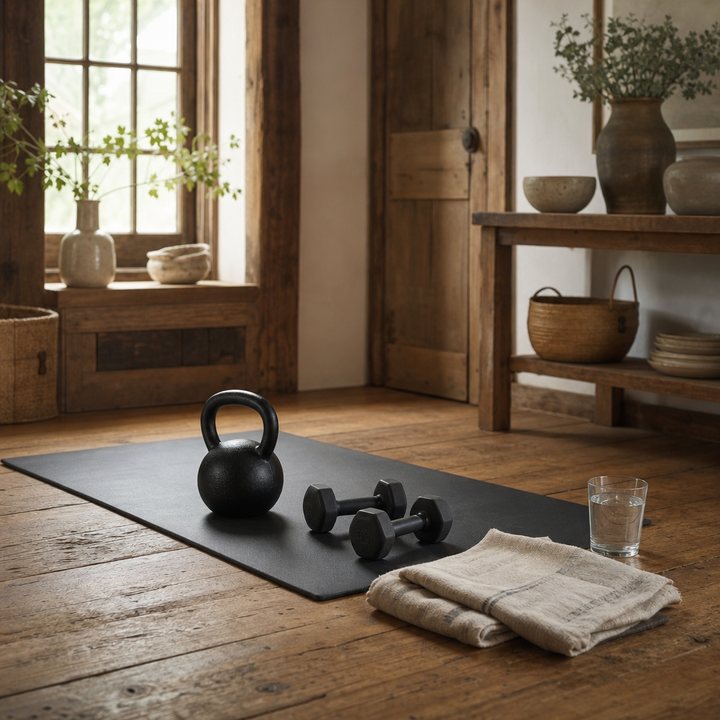 A kettlebell and dumbbells on a mat in a sunlit room