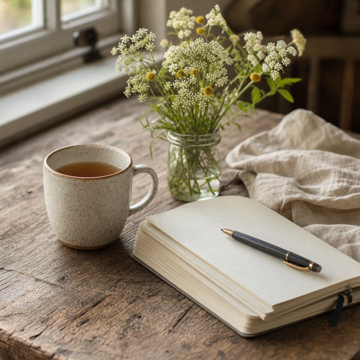 A cup of tea beside an open journal by a window