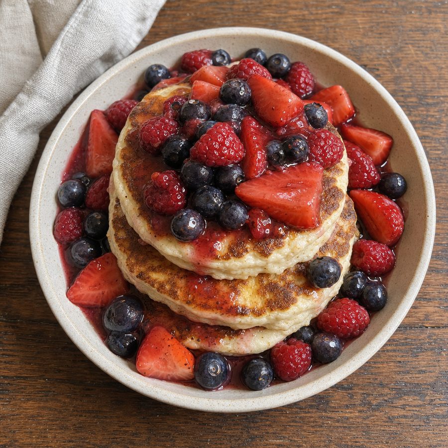 Stack of ricotta pancakes topped with warm vanilla-poached berries
