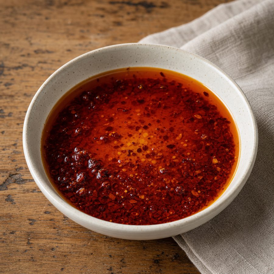 Small bowl of warm brick-red Aleppo butter