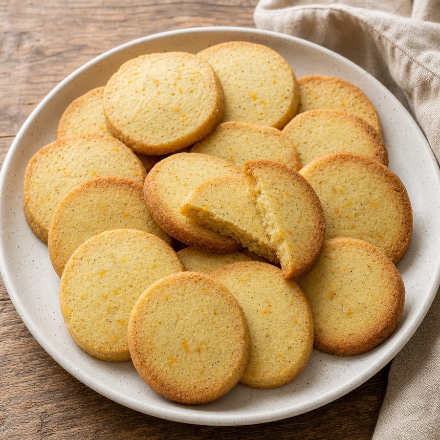 Round almond shortbread cookies flecked with orange zest