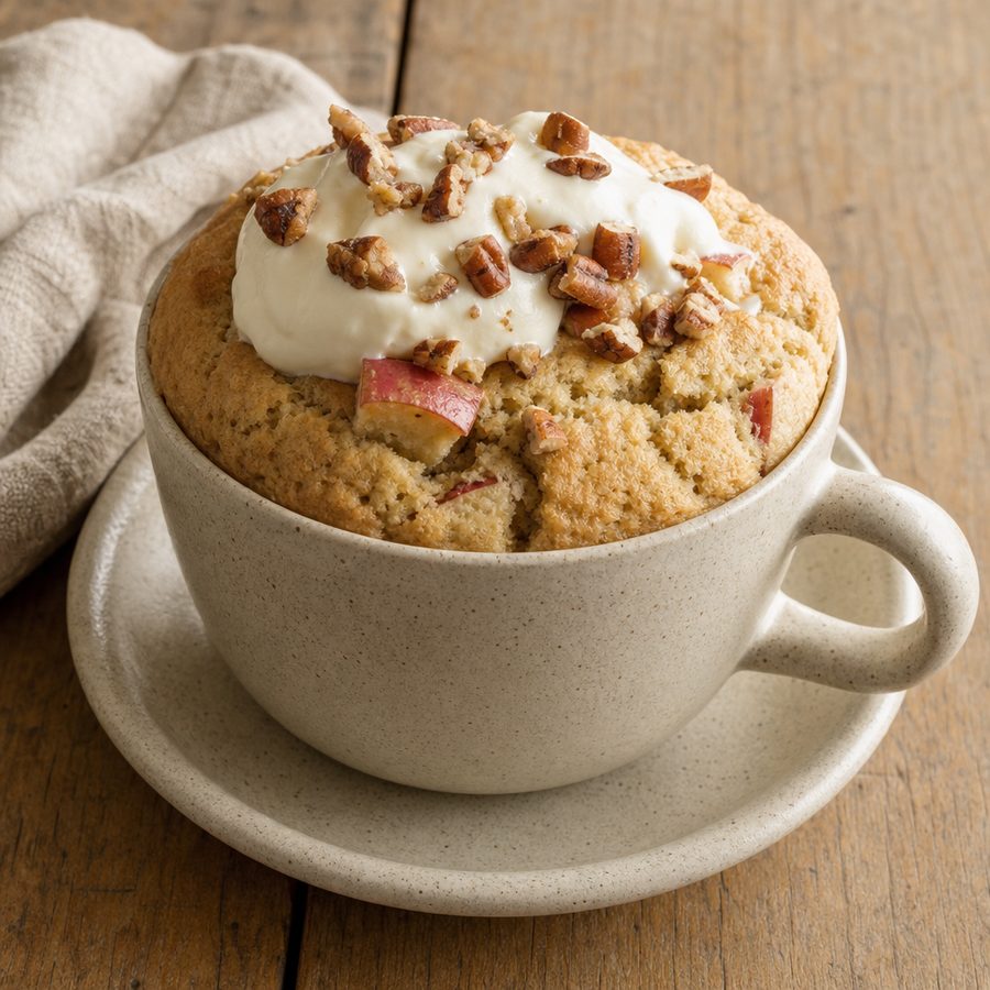 Apple cinnamon mug cake topped with whipped cream and toasted pecans
