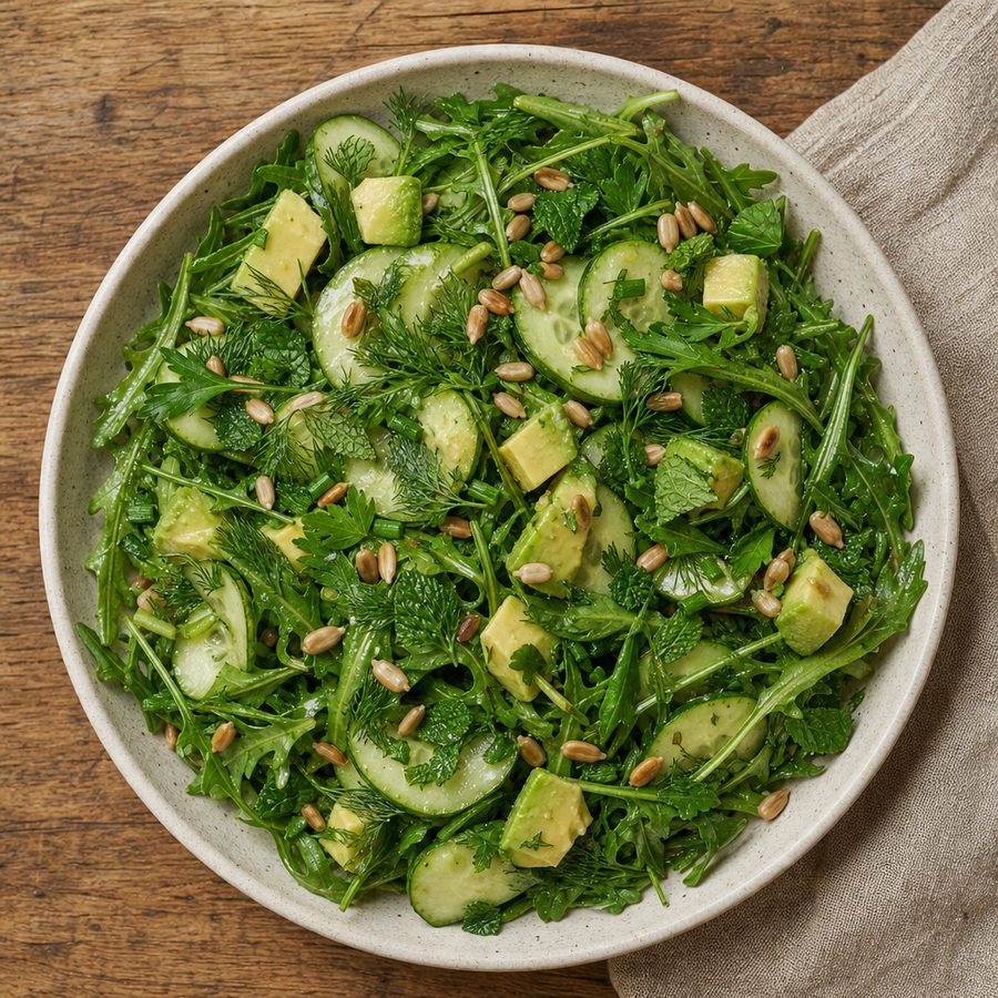 Arugula, cucumber and avocado salad with fresh herbs and sunflower seeds