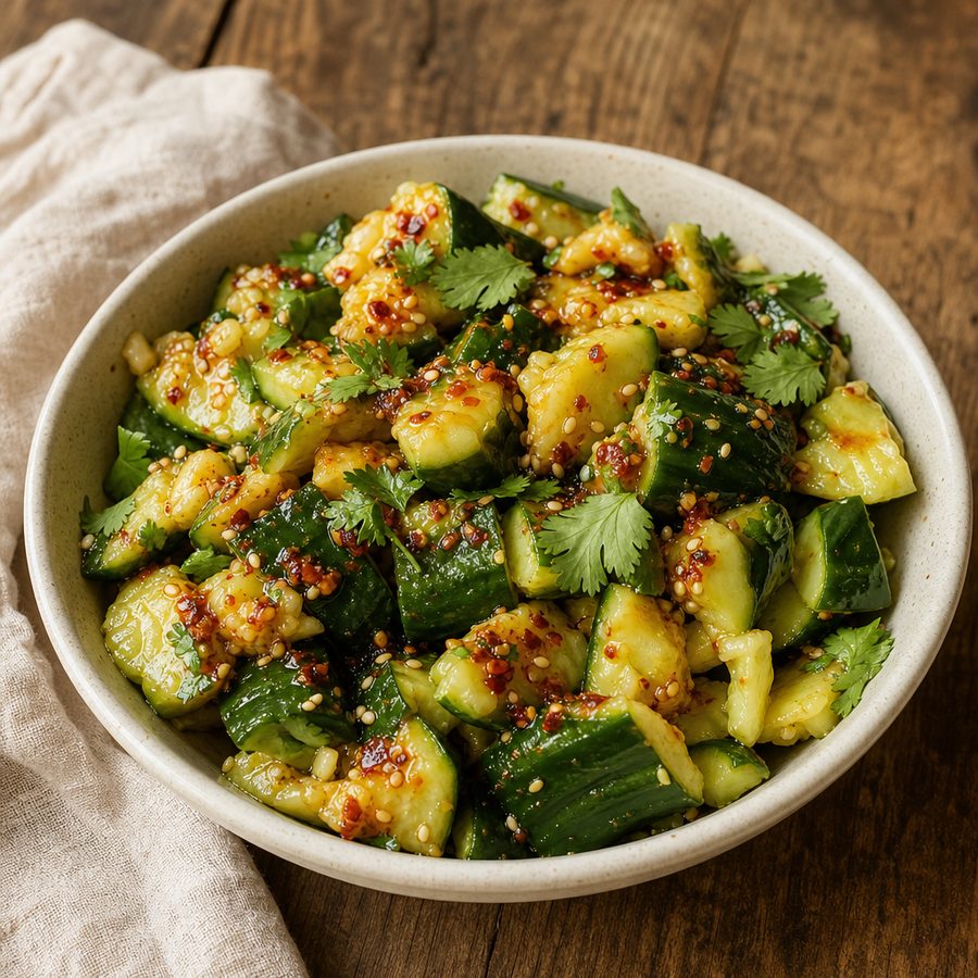 Smashed cucumber salad with chili oil, sesame seeds and cilantro