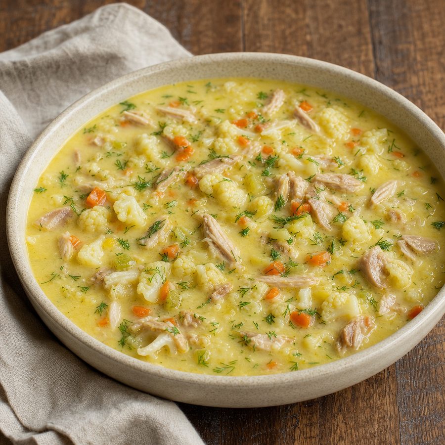 Greek egg-lemon soup with shredded chicken and fresh dill