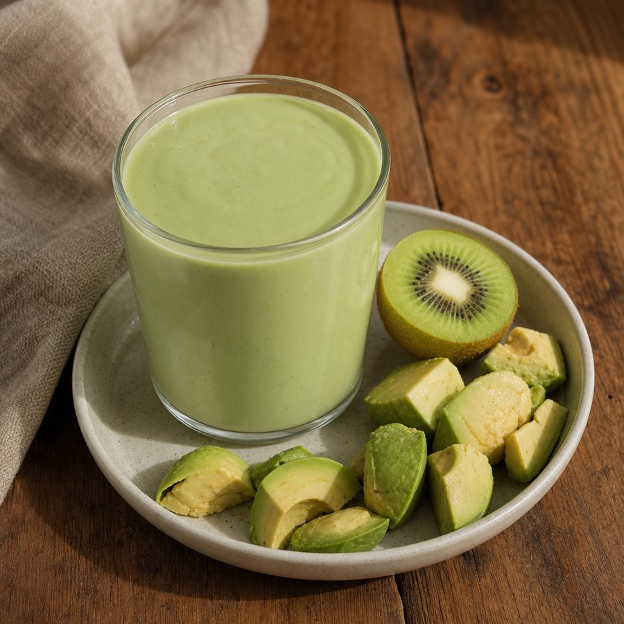 Glass of creamy pale green avocado smoothie with a halved kiwi