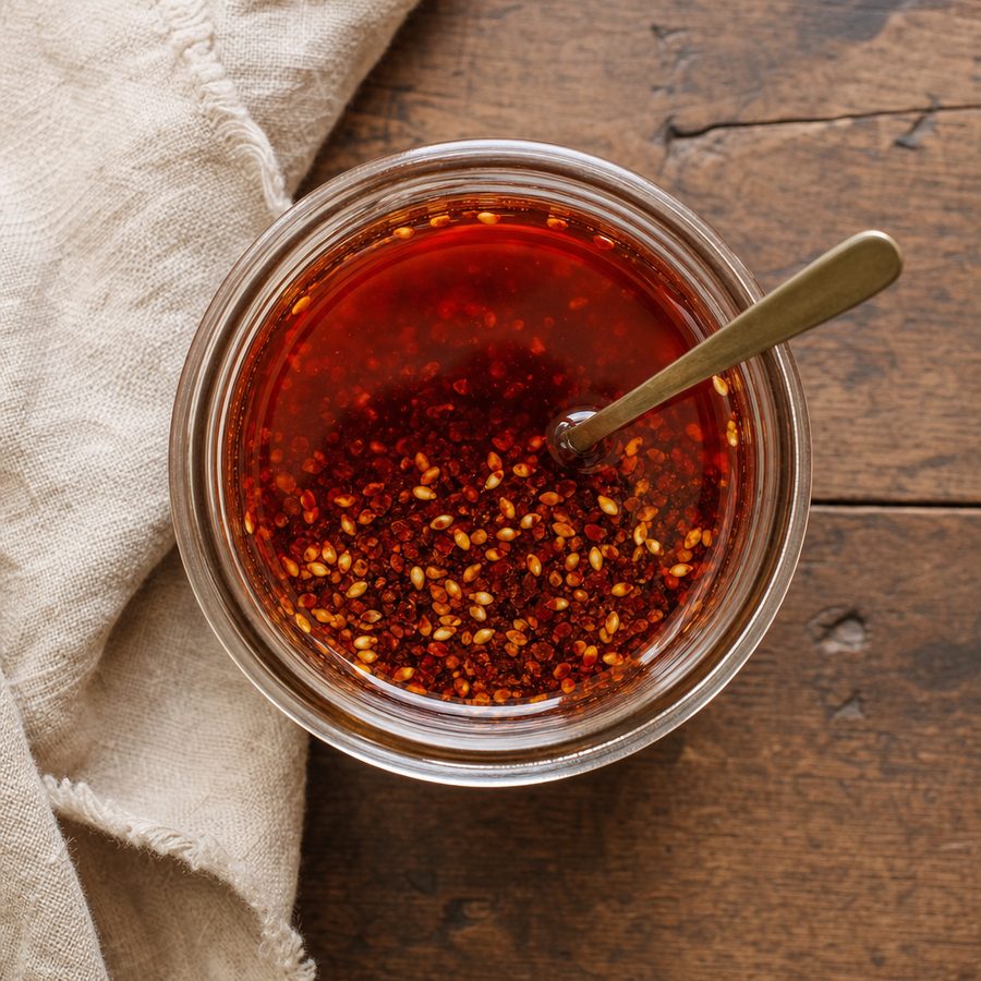 Jar of brick-red chili oil with pepper flakes and sesame seeds
