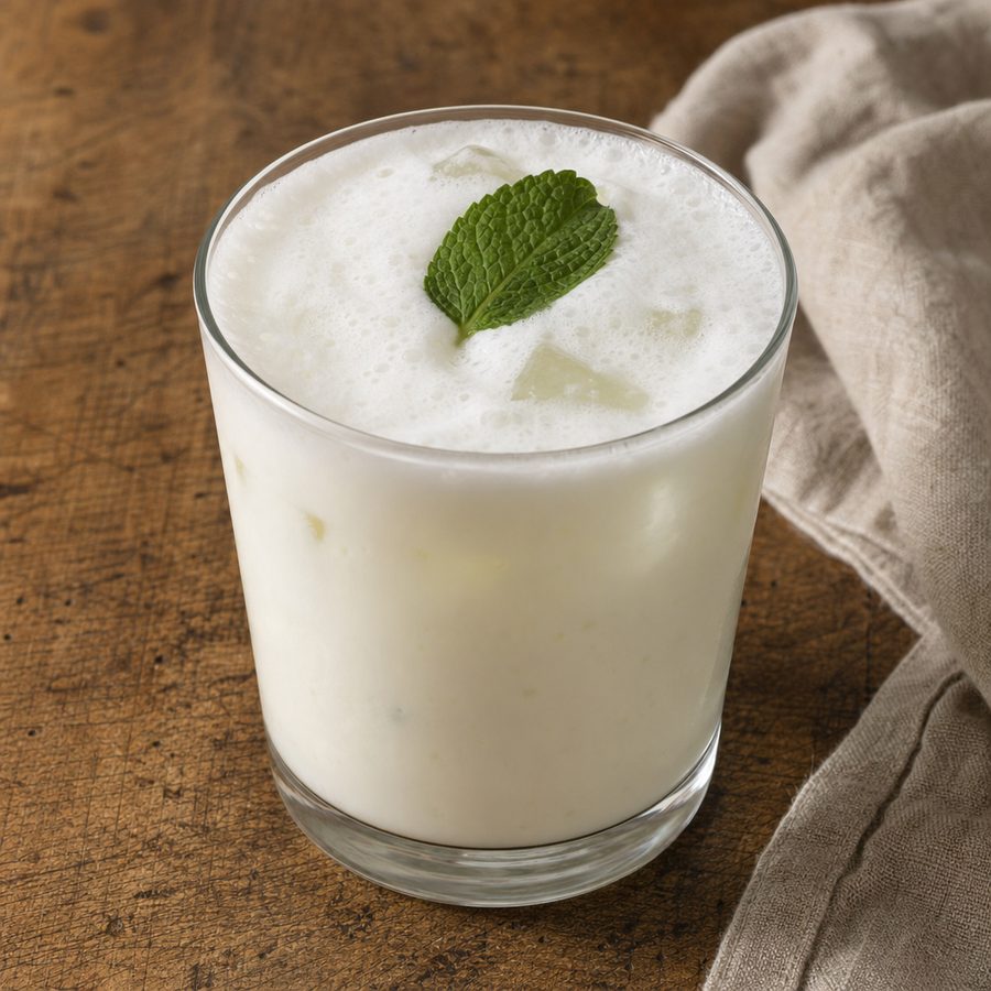 Glass of frothy white ayran yogurt drink with a mint leaf