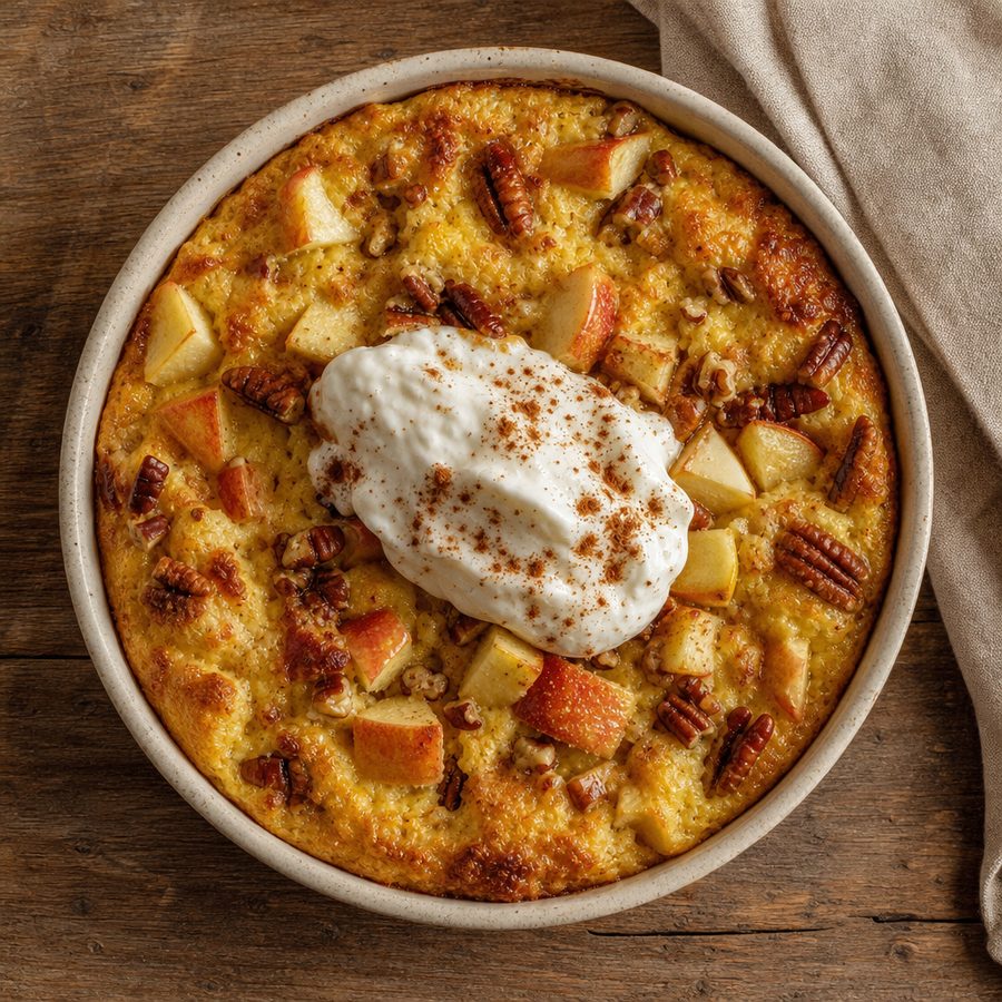 Baked apple cinnamon breakfast custard with pecans and Greek yogurt