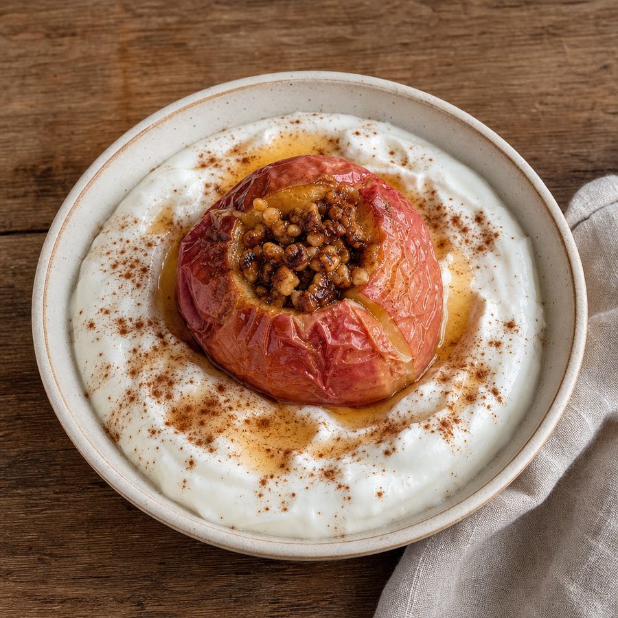 Baked apple with walnut filling over cinnamon Greek yogurt