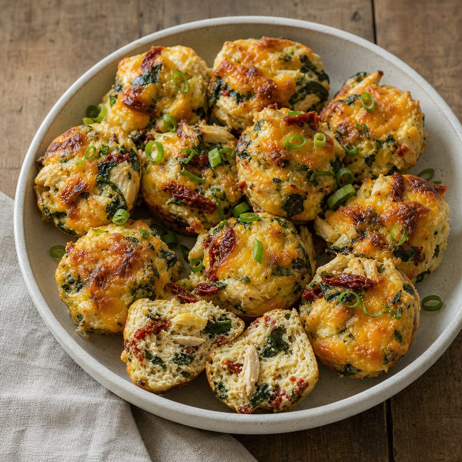 Savory chicken, spinach and cheddar muffins on a plate