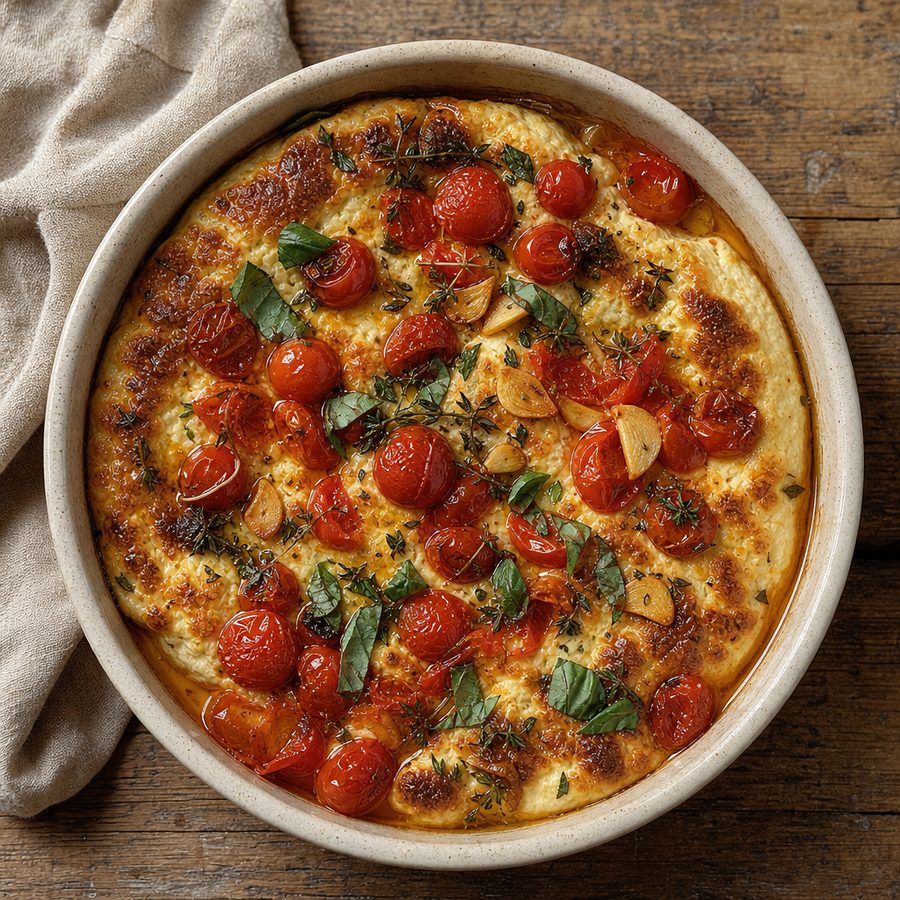 Baked ricotta topped with blistered cherry tomatoes and basil