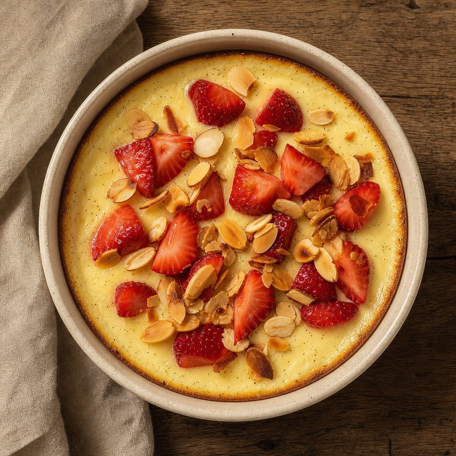 Baked vanilla custard topped with sliced strawberries and toasted almonds