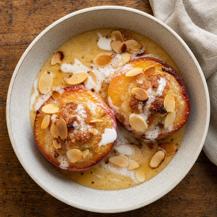 Baked peach halves with almond filling and a drizzle of cream