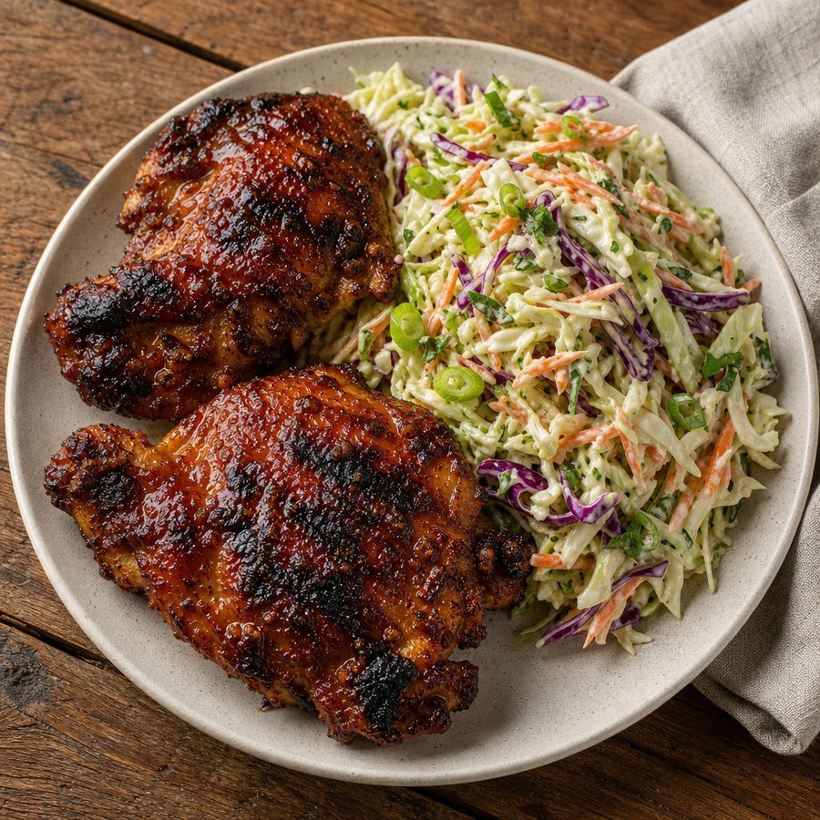 Grilled barbecue chicken thighs with creamy cabbage and carrot coleslaw