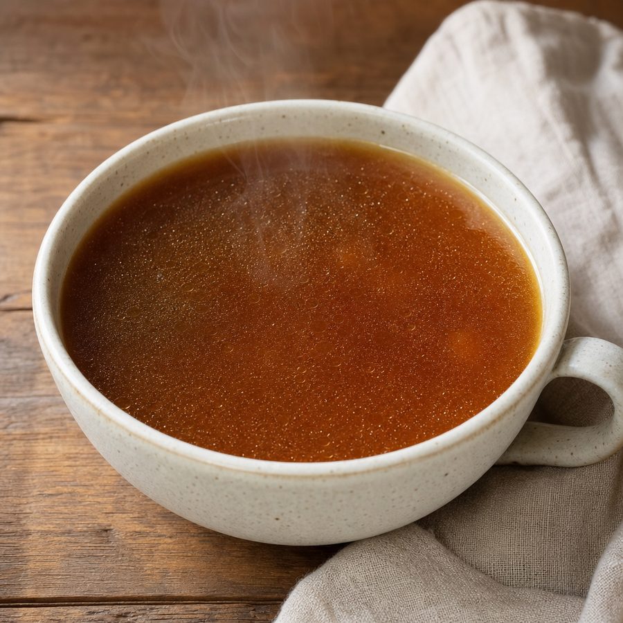 Mug of clear dark amber beef bone broth