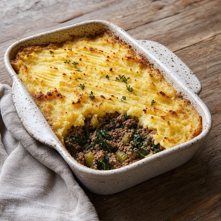 Cottage pie with a browned, ridged rutabaga topping, one corner scooped out to show the beef filling with celery and kale