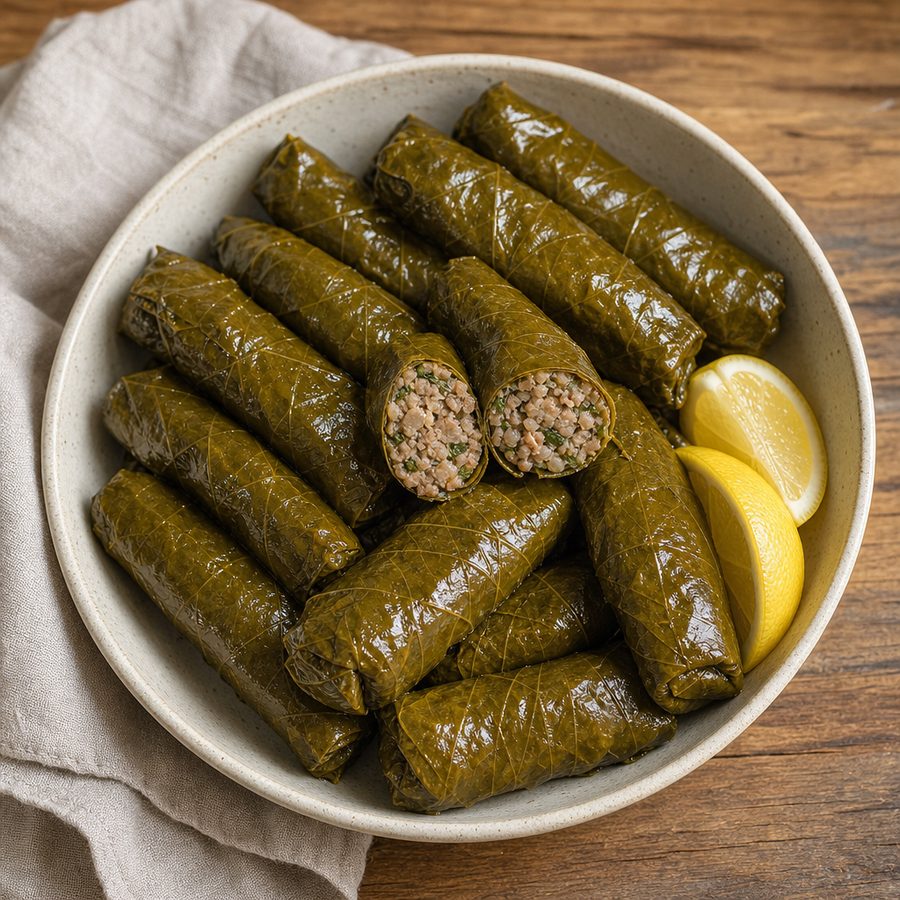 Beef-stuffed grape leaves with one cut open and lemon wedges