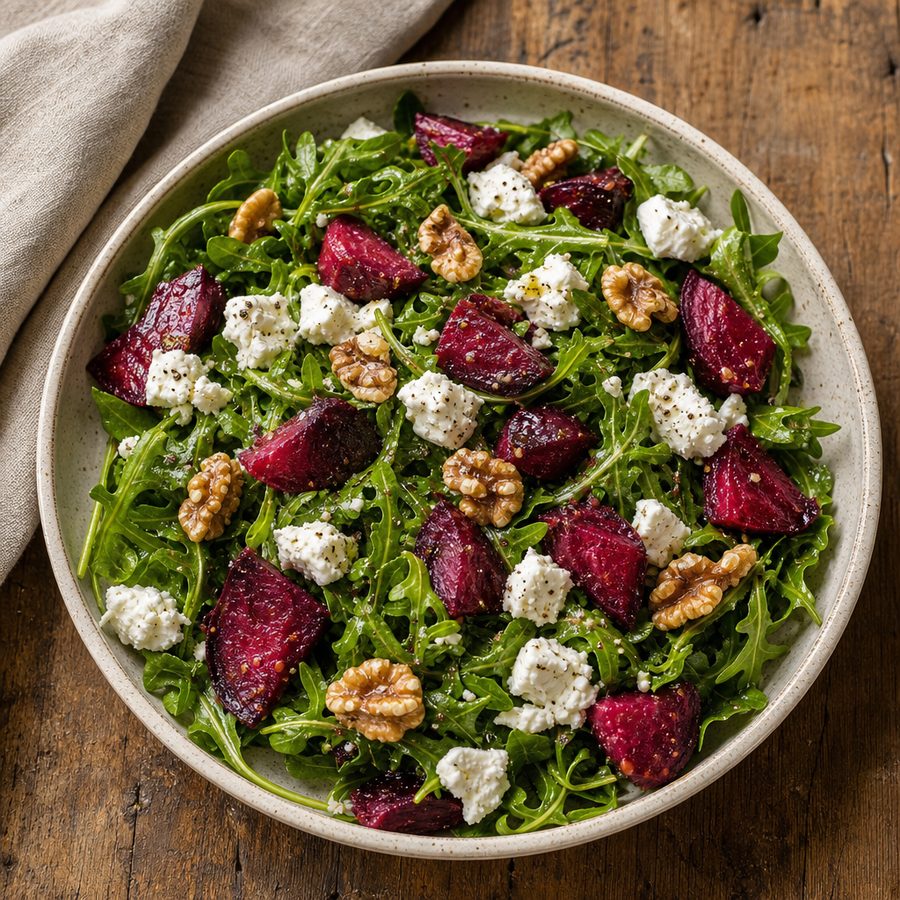 Roasted beet salad with goat cheese, walnuts and arugula