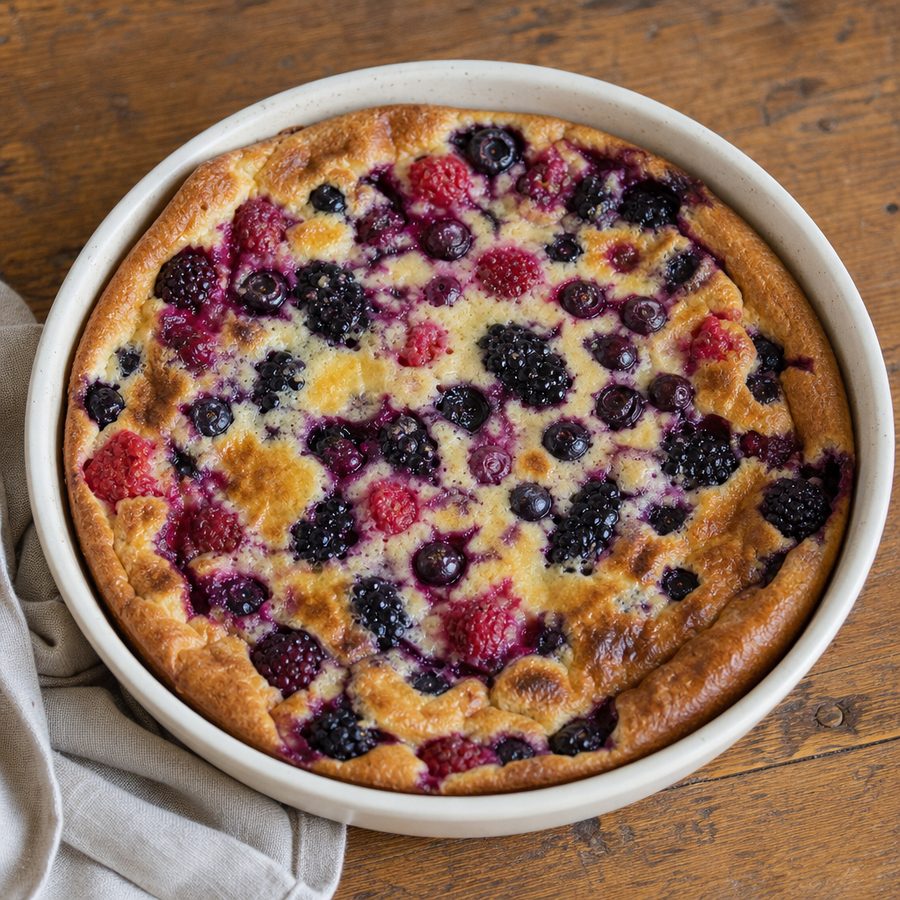 Berry clafoutis with blueberries, raspberries and blackberries