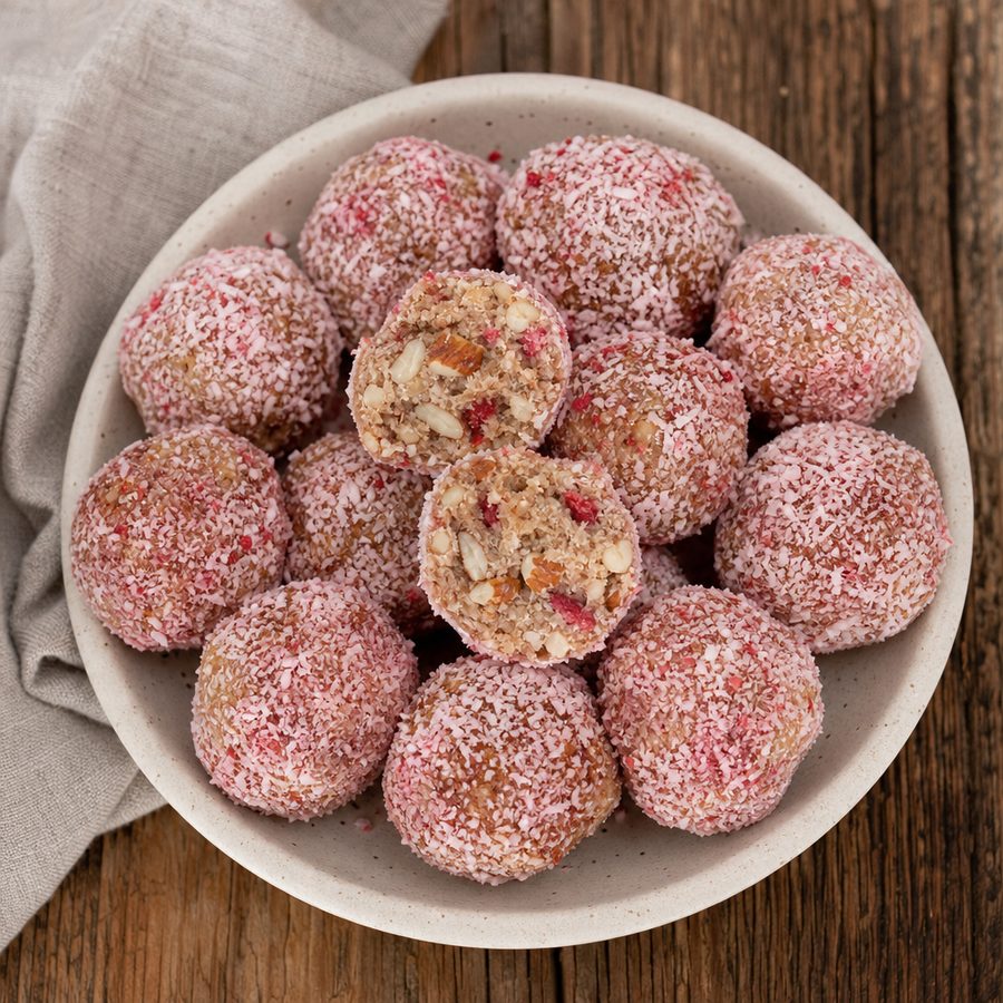 Berry coconut energy balls rolled in pink strawberry coconut