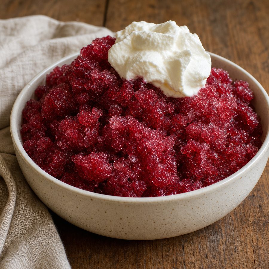 Ruby-red berry granita in a glass with whipped cream