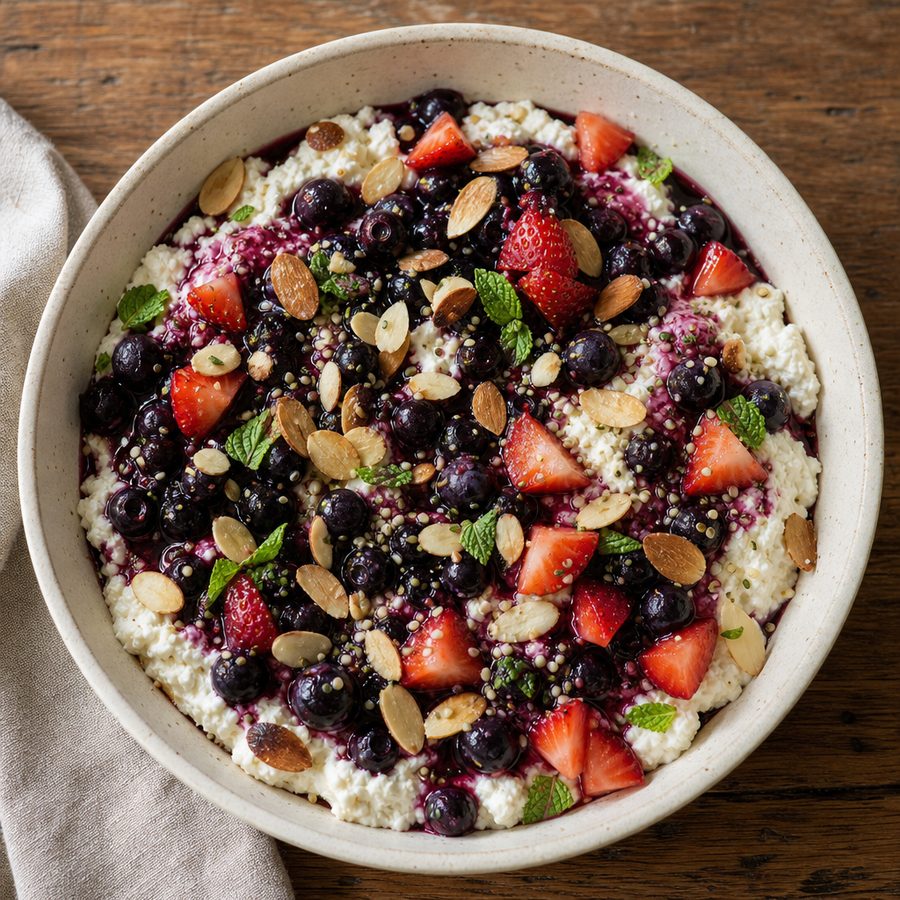 Whipped ricotta with burst blueberries, strawberries and toasted almonds