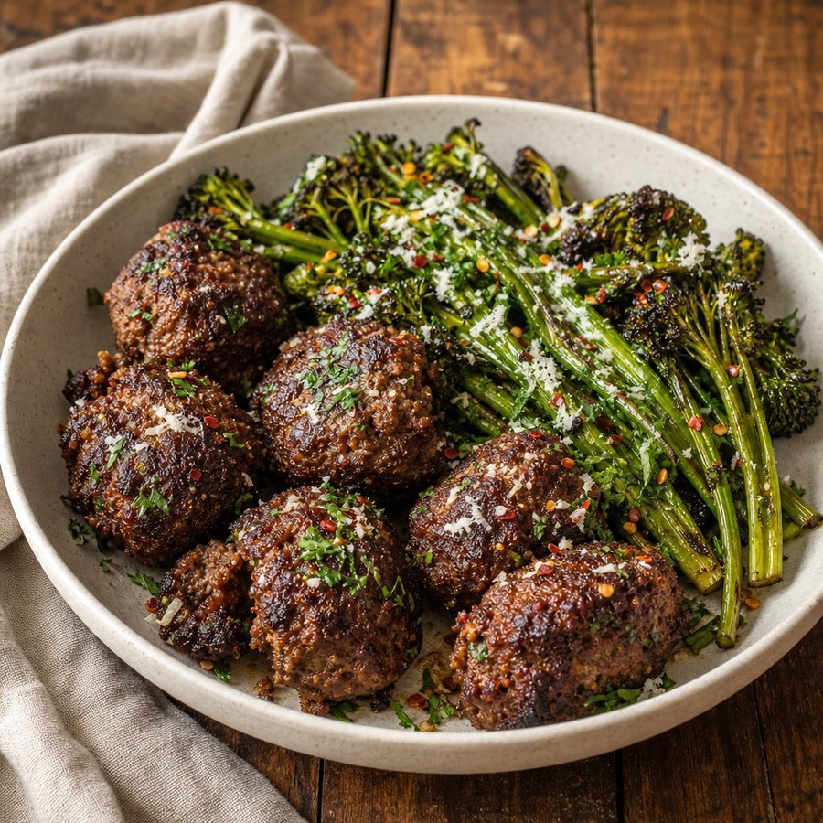 Browned bison meatballs with roasted broccolini and parmesan