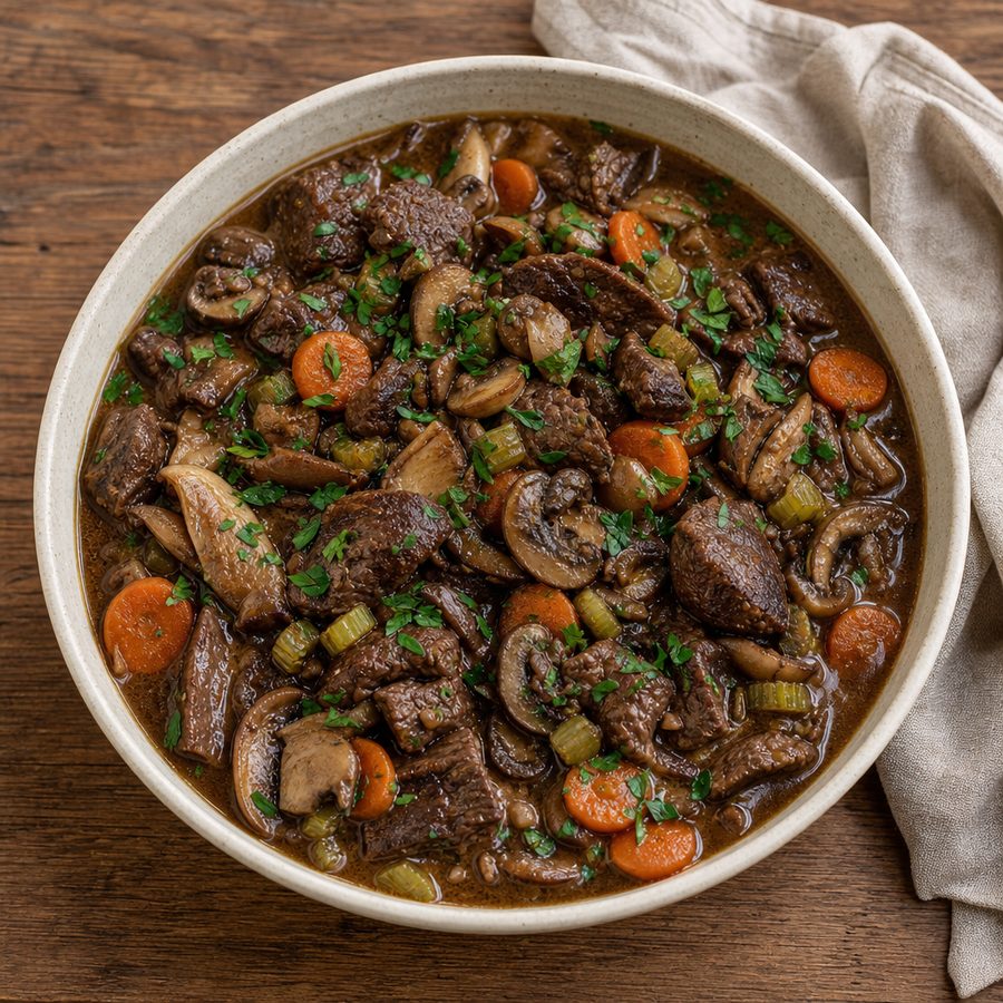 Bison and wild mushroom stew with carrots and parsley