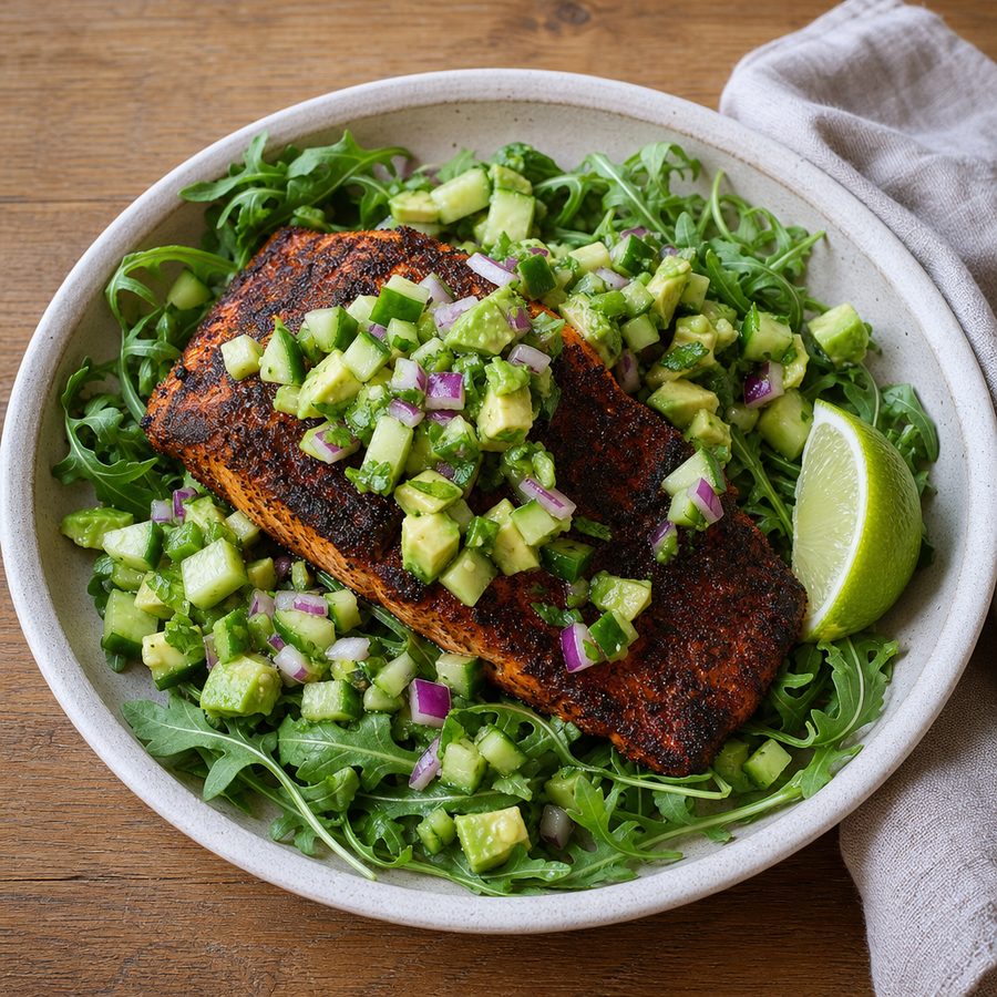 Blackened salmon fillet with avocado salsa over arugula