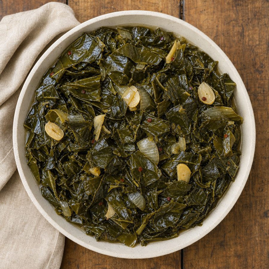 Braised collard greens with garlic and onion in their broth