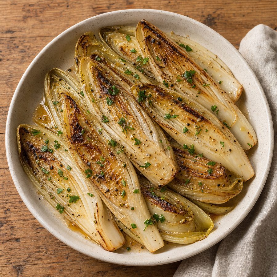 Braised Belgian endive halves glazed and topped with parsley