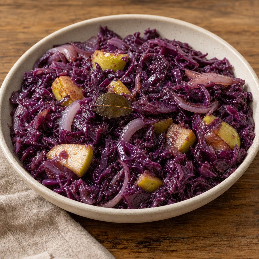 Braised red cabbage with apples in a shallow bowl