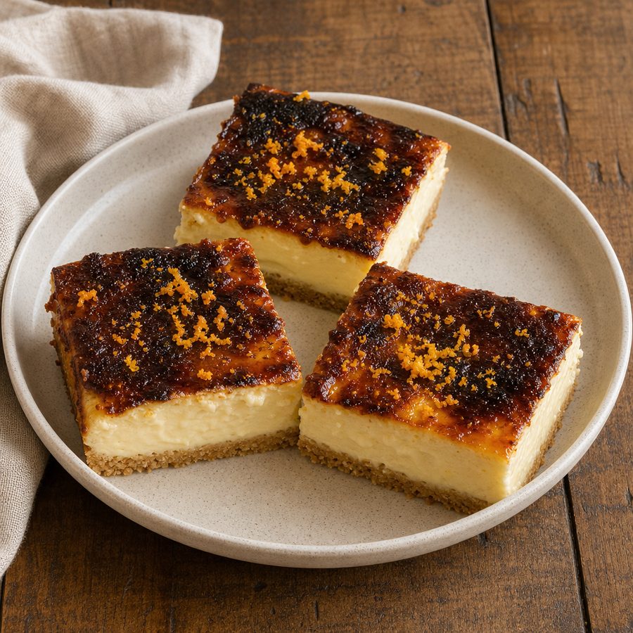 Burnt orange cheesecake bars with caramelized tops and almond crust