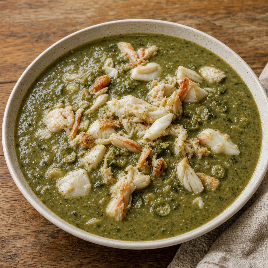 Silky green callaloo soup with lump crab