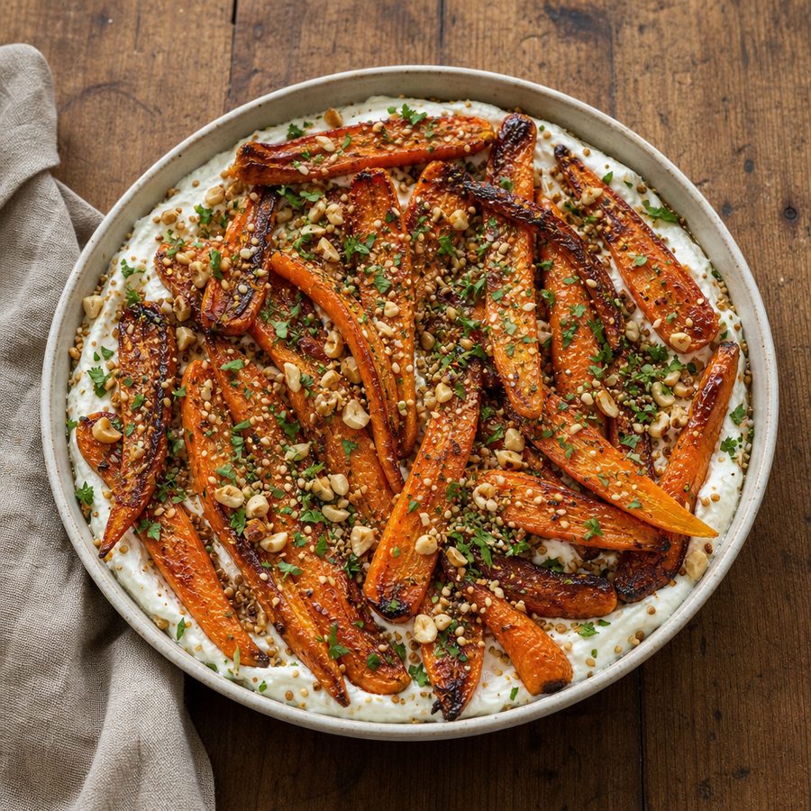 Roasted carrots over lemon yogurt with hazelnut dukkah and parsley