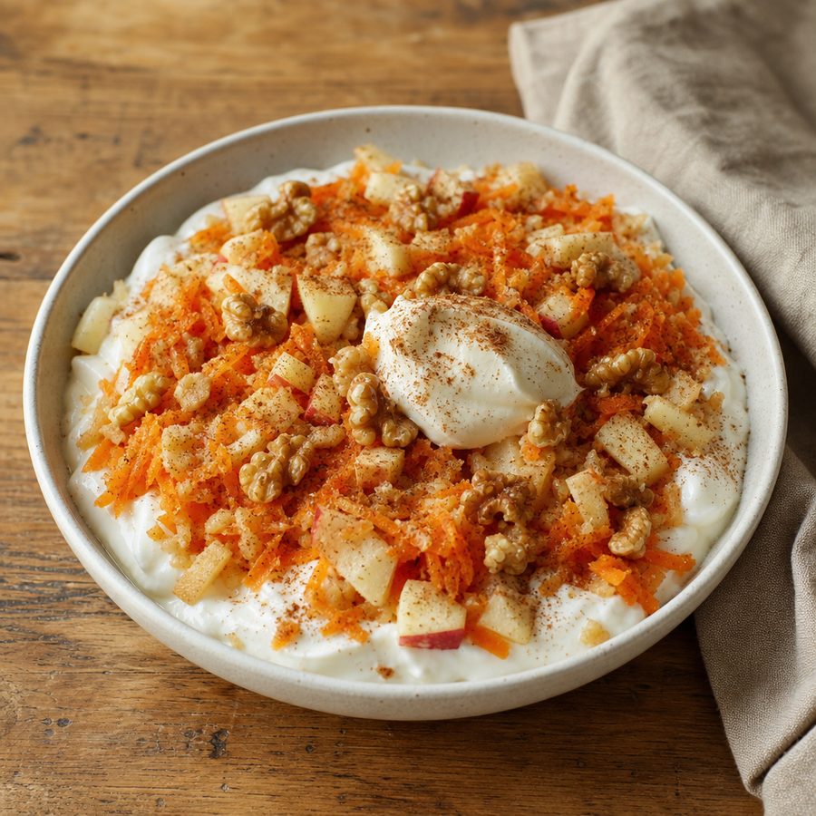 Greek yogurt bowl with spiced grated carrot, frosting and walnuts