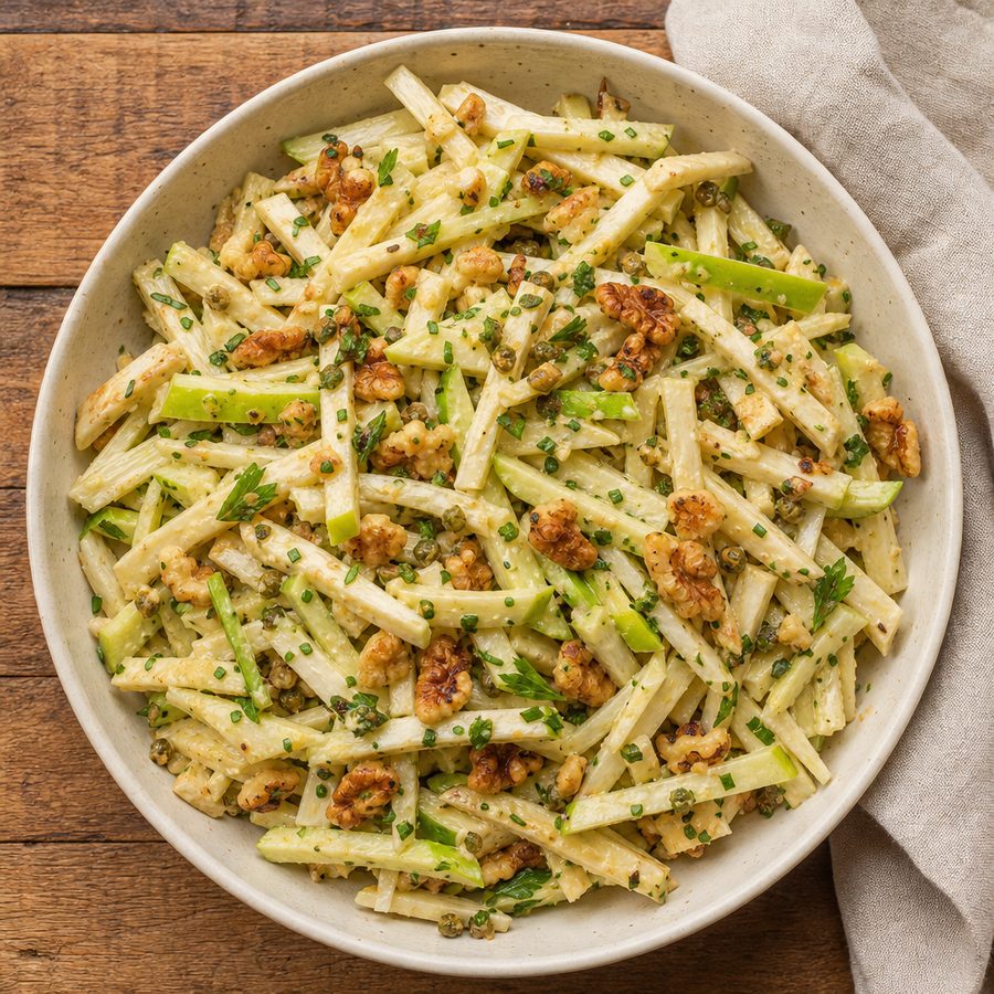 Celeriac and apple rémoulade topped with toasted walnuts