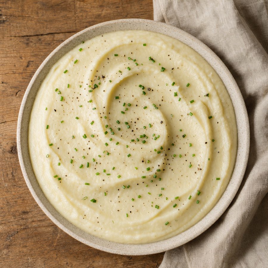 Silky celery root purée topped with chives