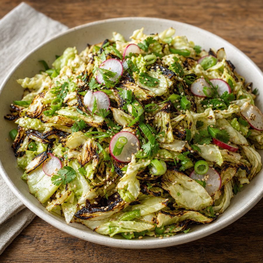 Charred cabbage and radish slaw with cilantro and sesame seeds