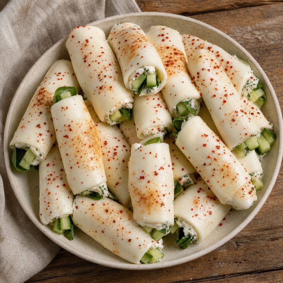 Mozzarella roll-ups with cucumber and basil on a plate
