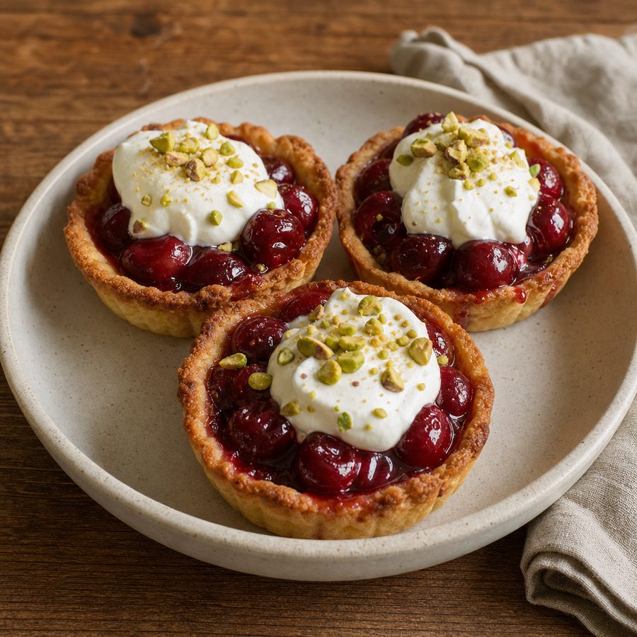 Cherry tartlets topped with whipped cream and chopped pistachios