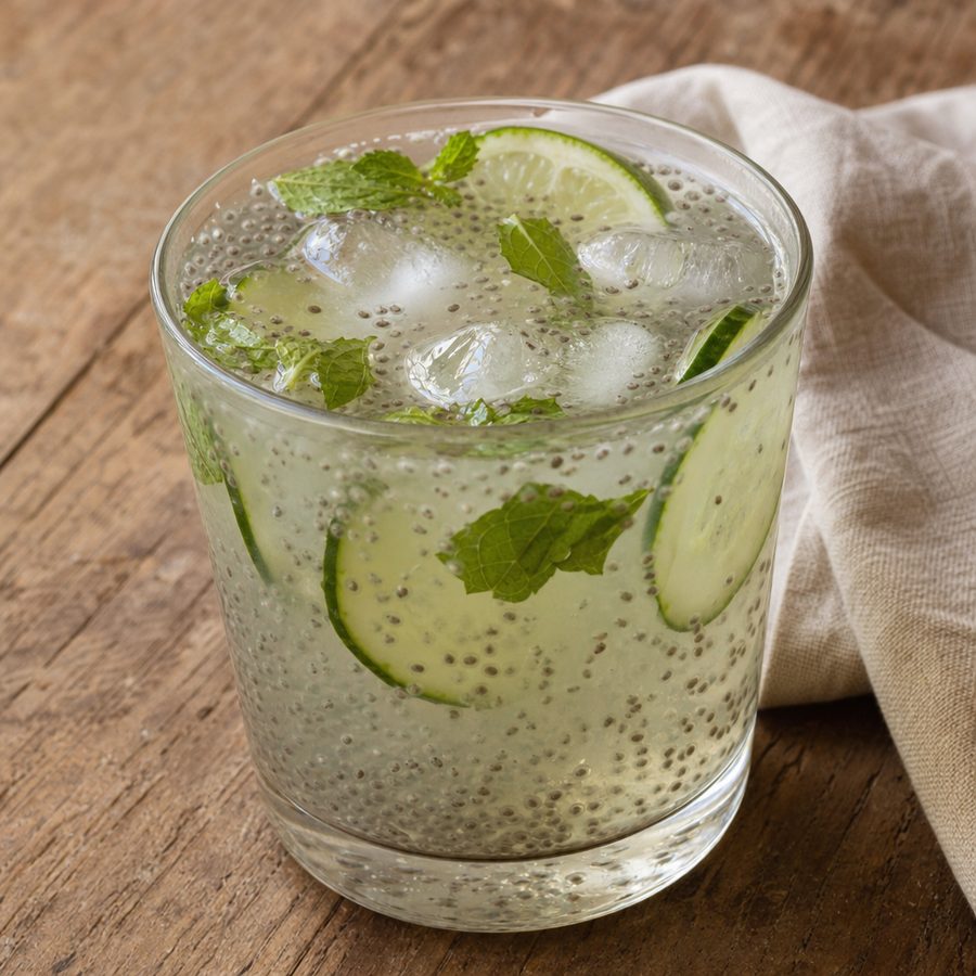 Glass of chia fresca with cucumber slices and fresh mint