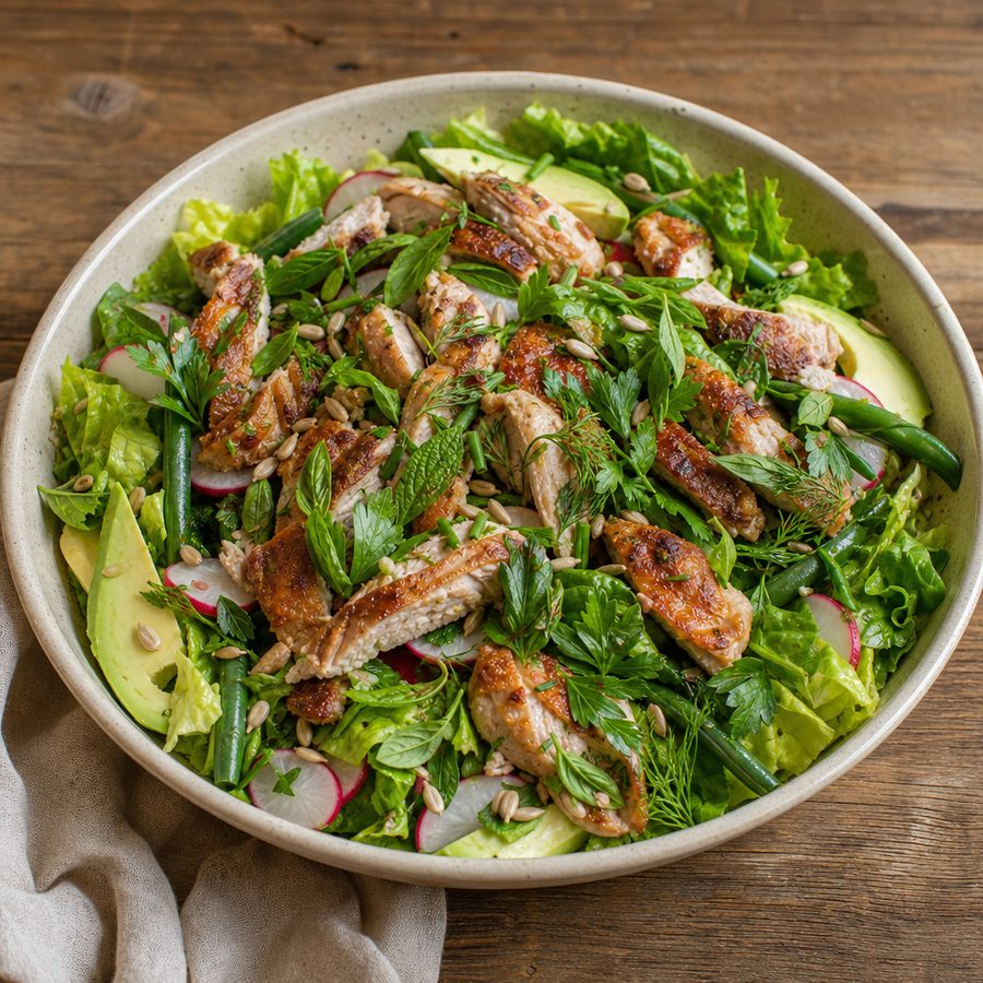 Chicken and herb summer bowl with green beans, radishes and avocado