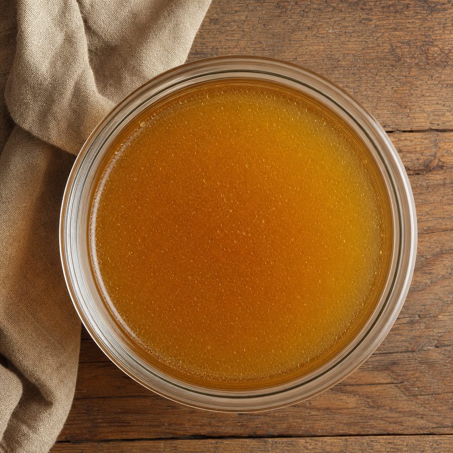 Golden chicken bone broth in a glass jar