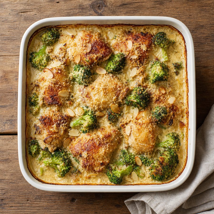 Chicken and broccoli bake with a golden parmesan almond crust