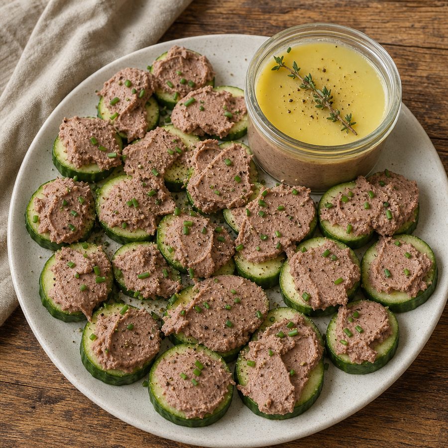 Chicken liver pâté on cucumber rounds beside a butter-sealed jar