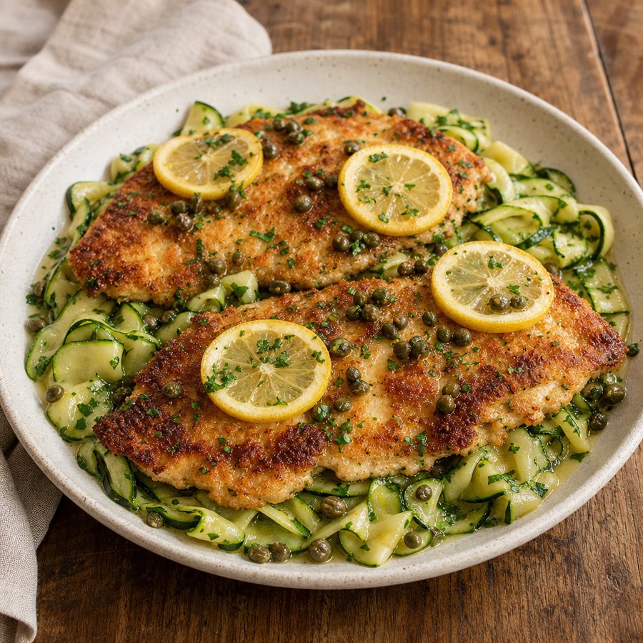 Chicken piccata with lemon slices and capers over zucchini ribbons