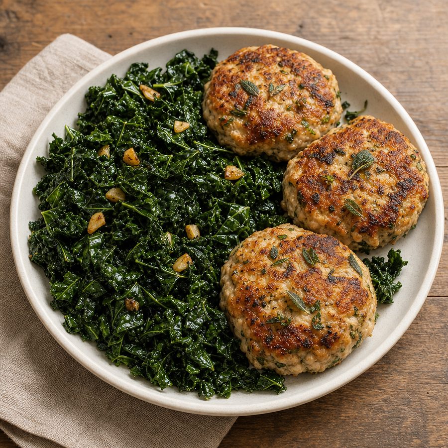 Chicken and sage breakfast patties with sautéed kale