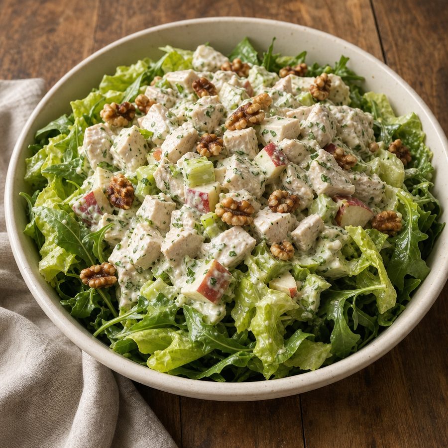 Creamy chicken salad with apple and walnuts over butter lettuce and arugula